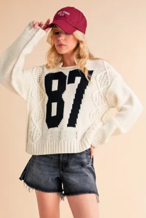 Aemi Co Contrast Number Cable Knit Drop Shoulder Sweater