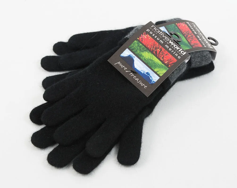 Black Women's Two Tone Gloves Possum Merino Wool - NX688