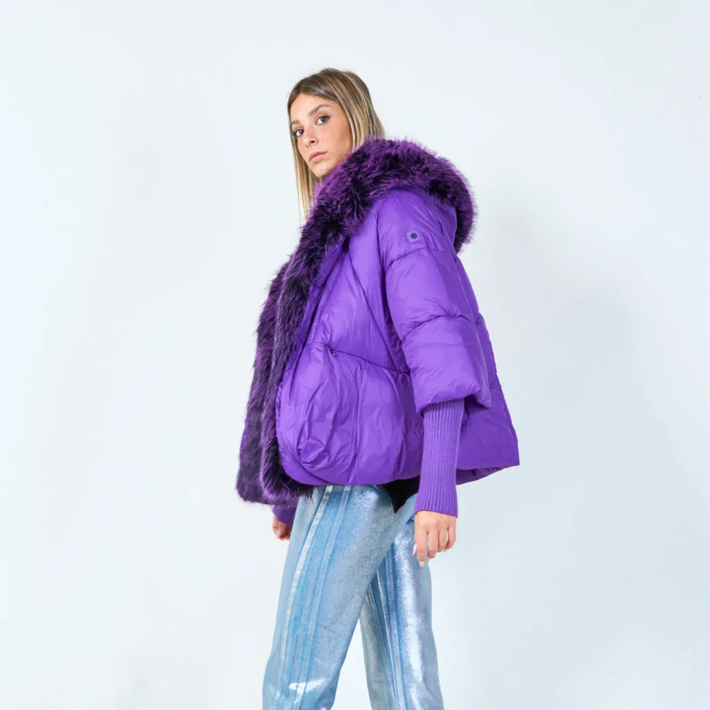 Bold puffer jacket with faux fur trim wholesale