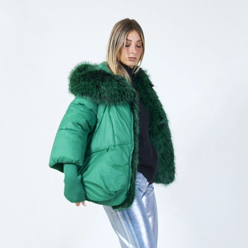 Bold puffer jacket with faux fur trim wholesale