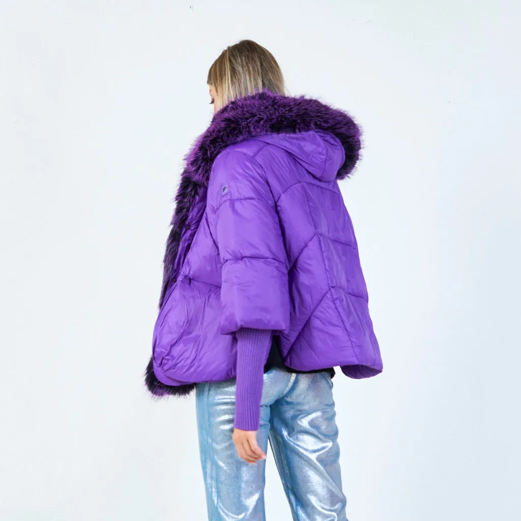 Bold puffer jacket with faux fur trim wholesale