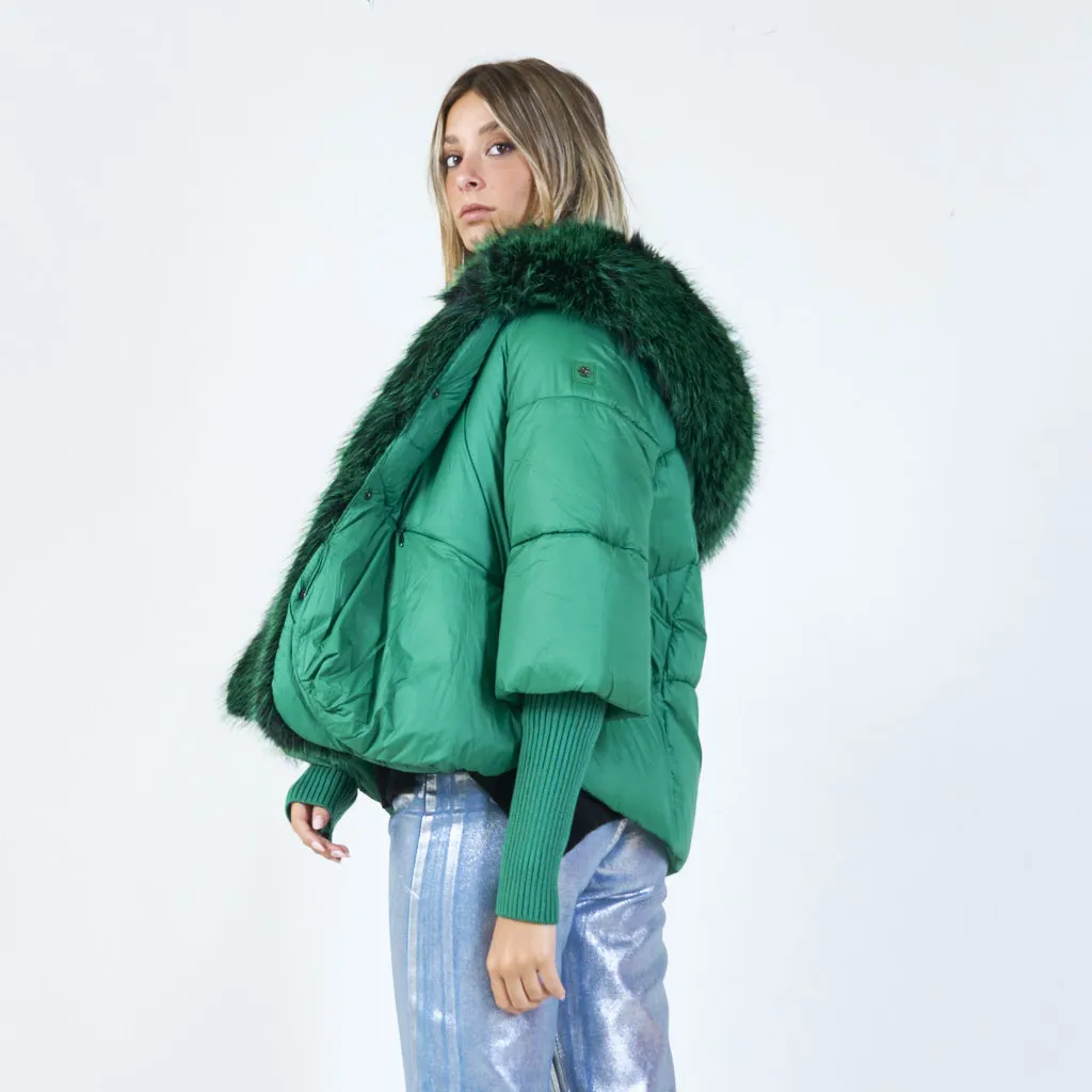 Bold puffer jacket with faux fur trim wholesale