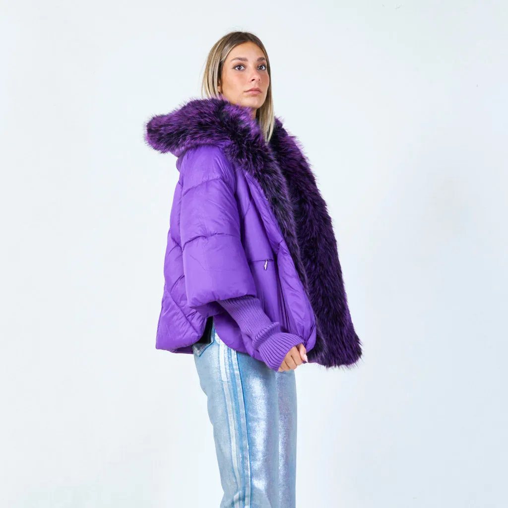 Bold puffer jacket with faux fur trim wholesale