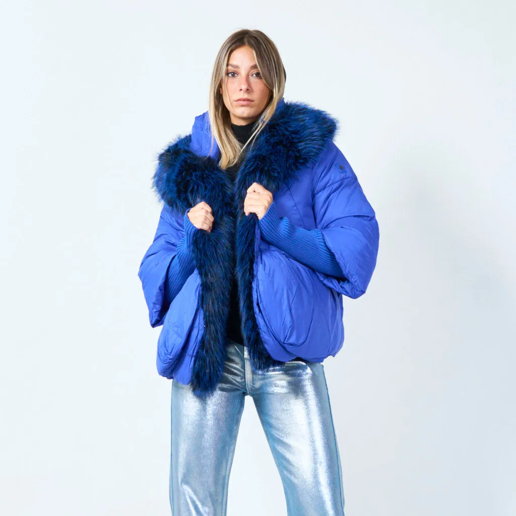 Bold puffer jacket with faux fur trim wholesale