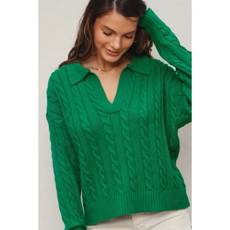 Cable Knit Collared Sweater POLO GREEN