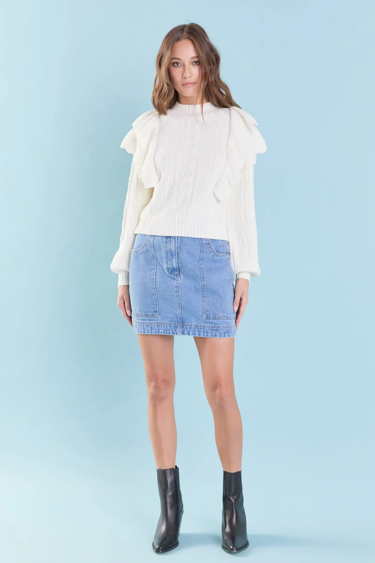 Cable Knit Ruffled Sweater