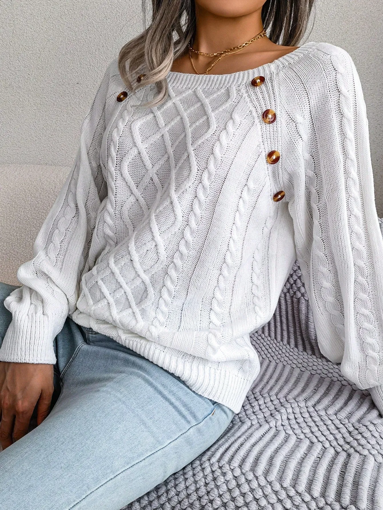 Cable Knit Sweater with Button Detail