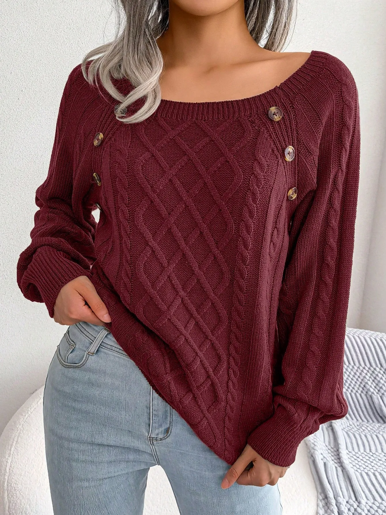 Cable Knit Sweater with Button Detail