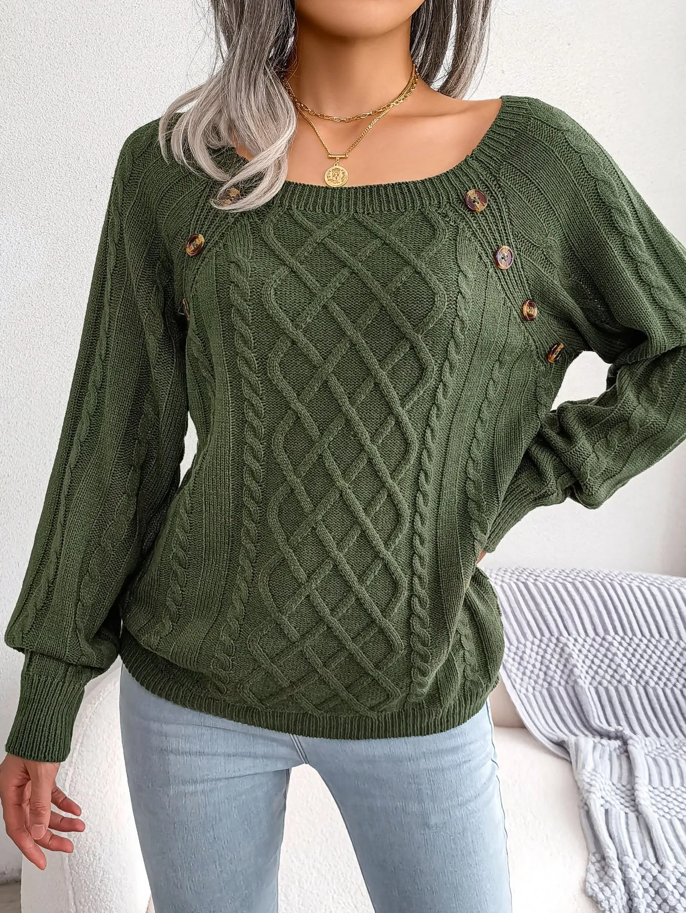 Cable Knit Sweater with Button Detail