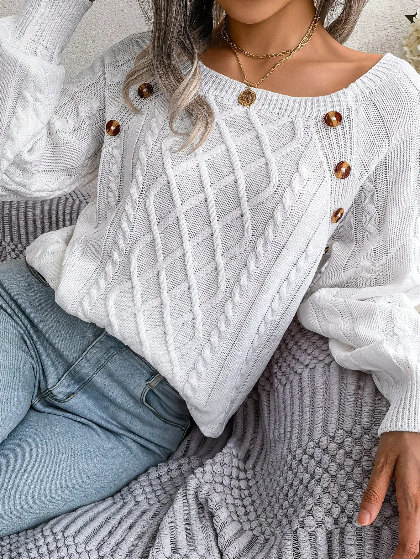 Cable Knit Sweater with Button Detail