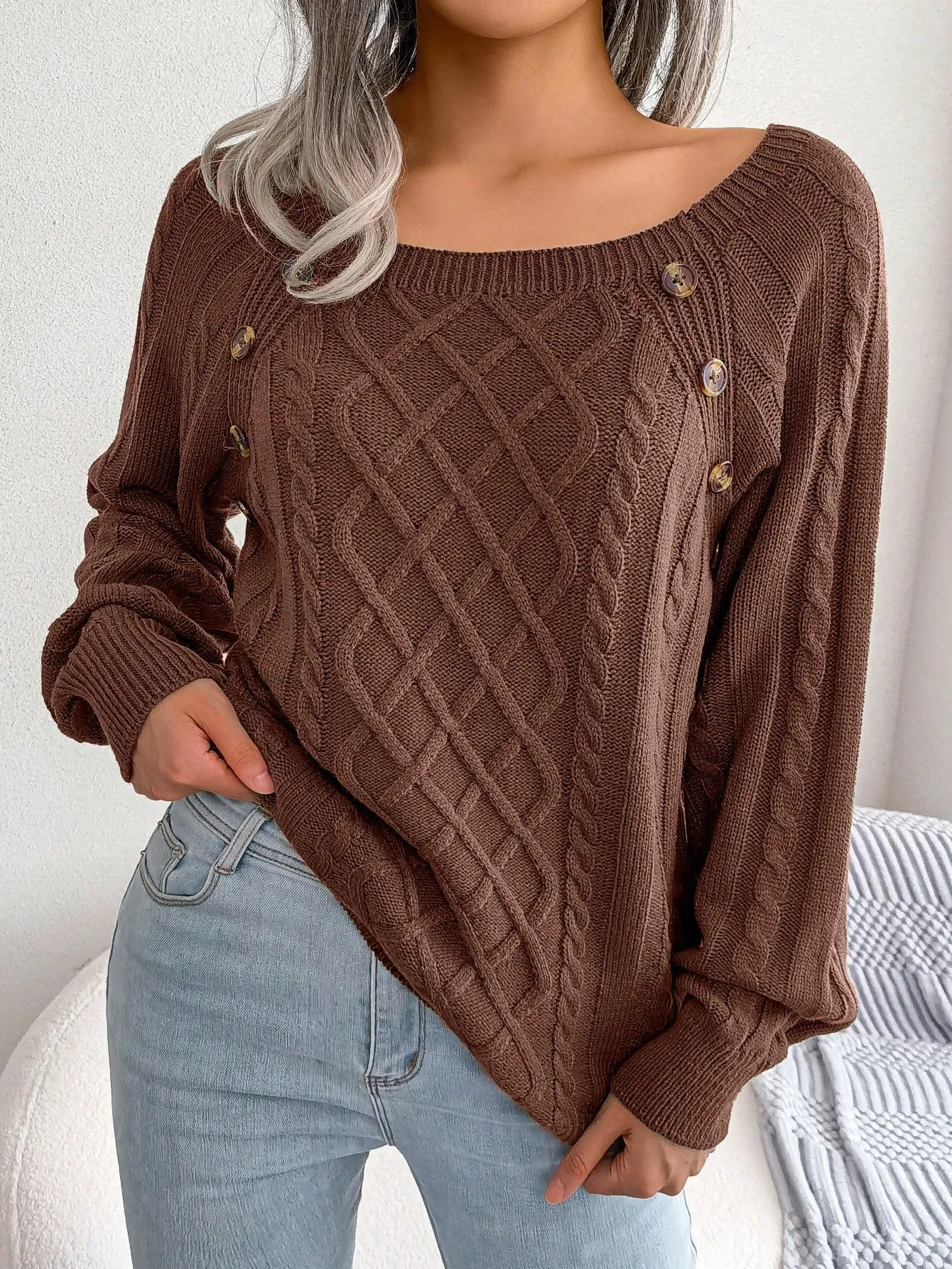 Cable Knit Sweater with Button Detail