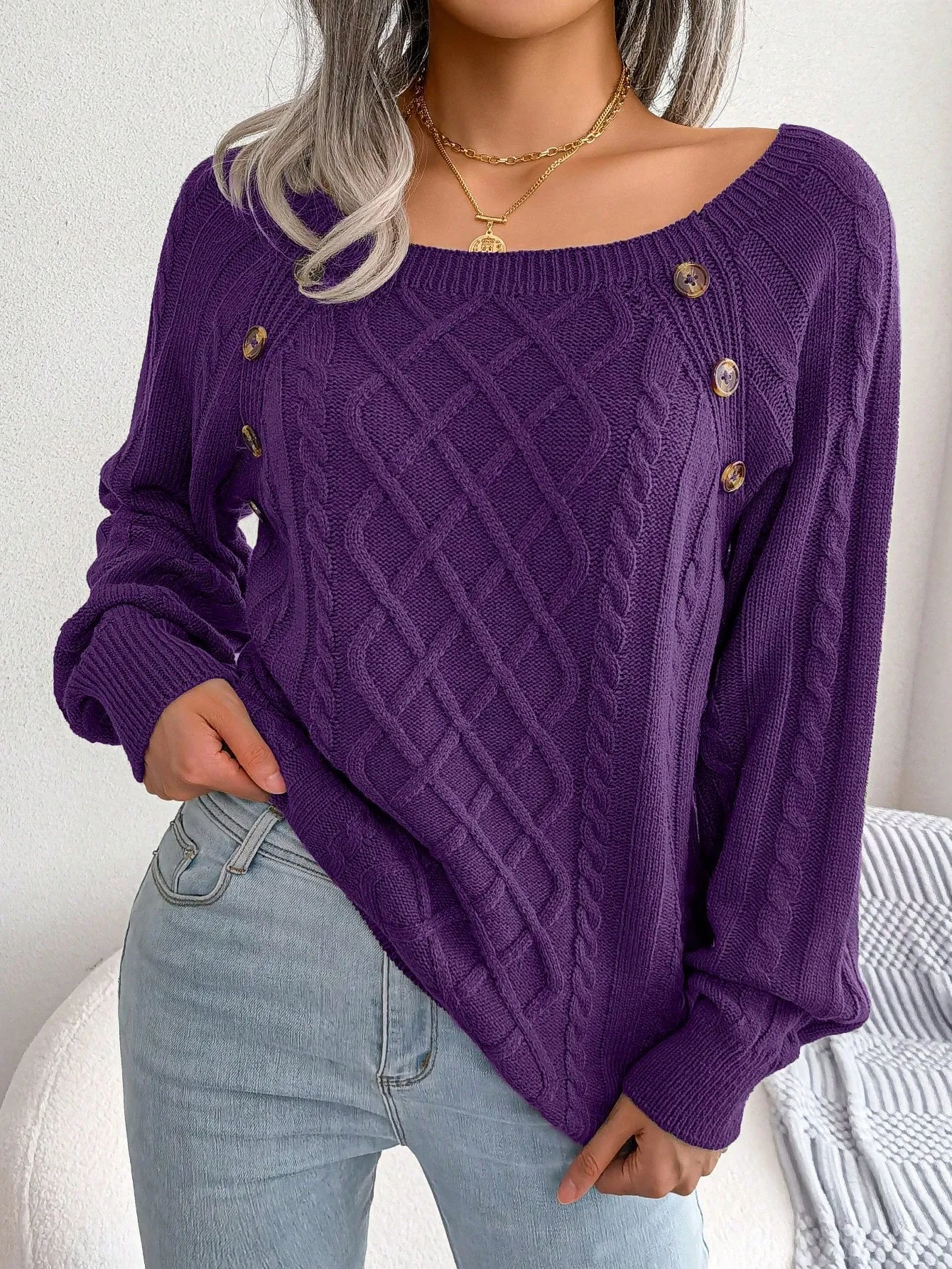 Cable Knit Sweater with Button Detail