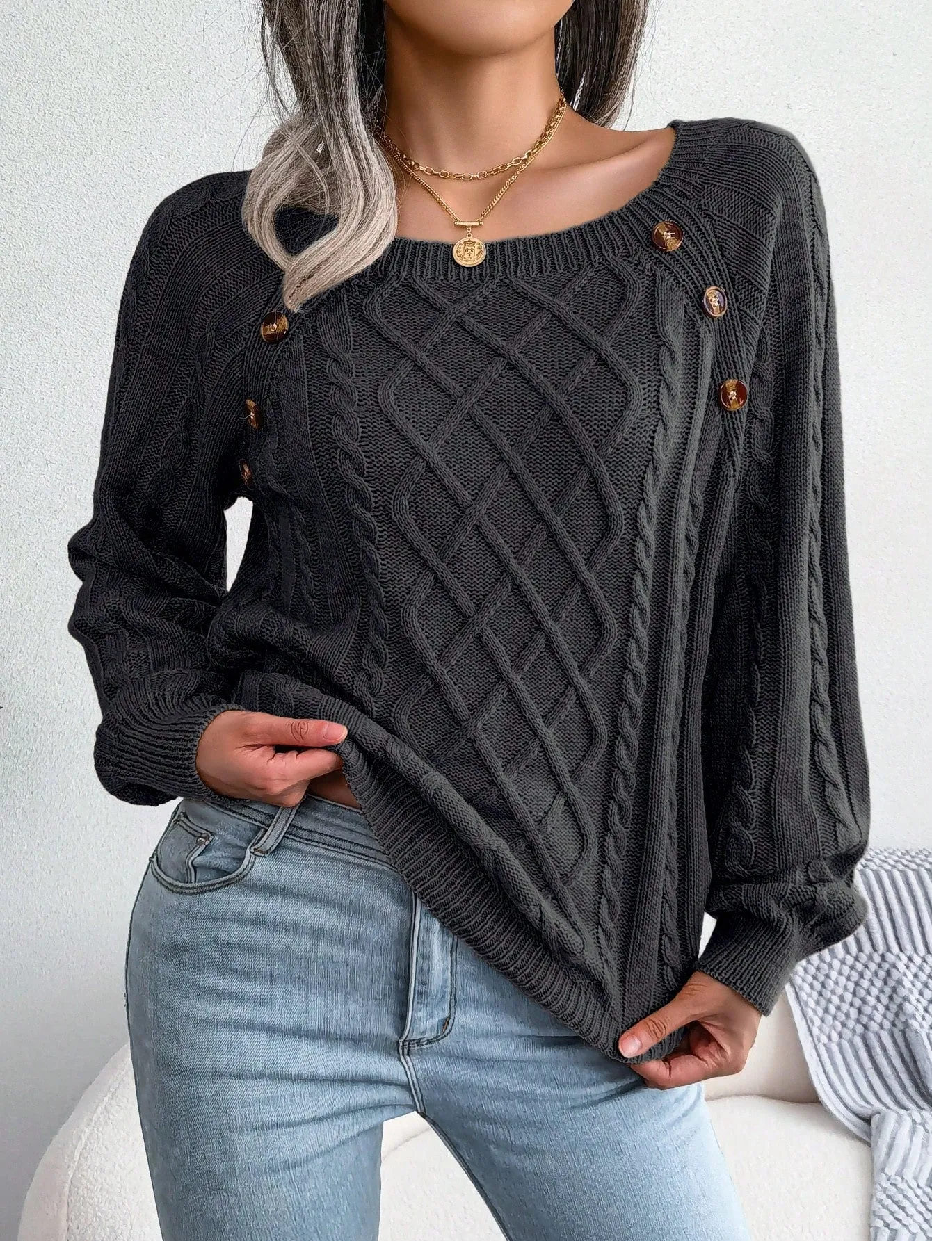 Cable Knit Sweater with Button Detail