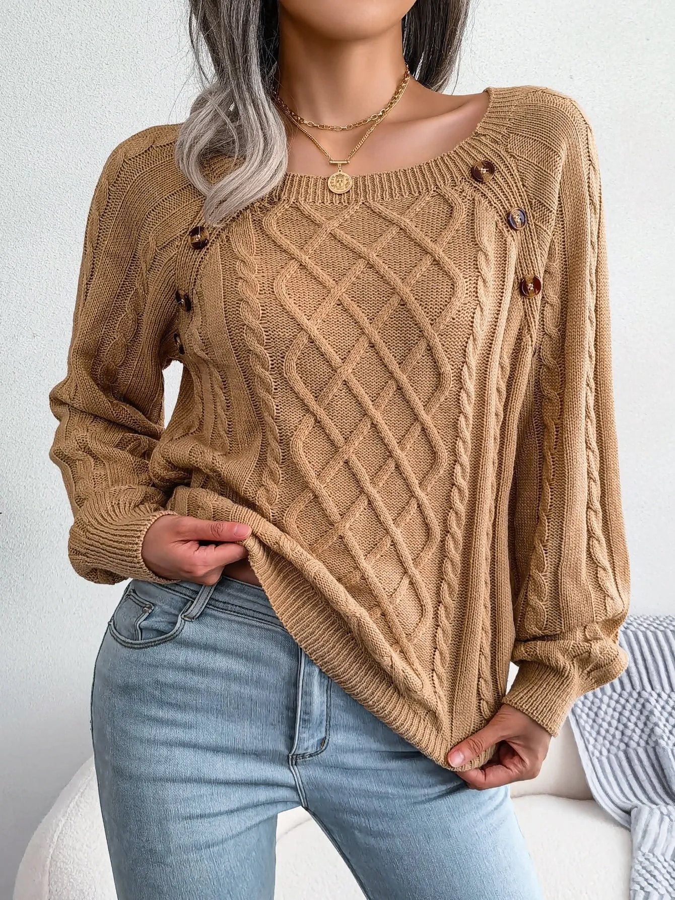 Cable Knit Sweater with Button Detail