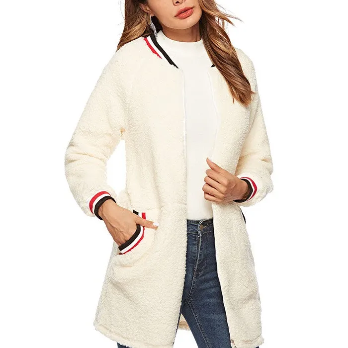 Casual Round Neck Ribbed Plush Coat