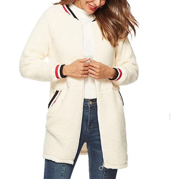 Casual Round Neck Ribbed Plush Coat