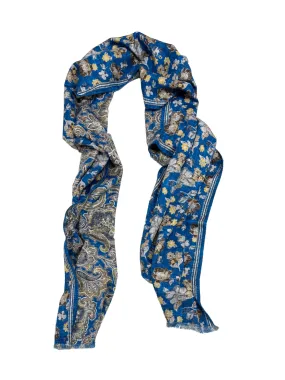 Cobalt & Olive Floral Printed Silk Scarf