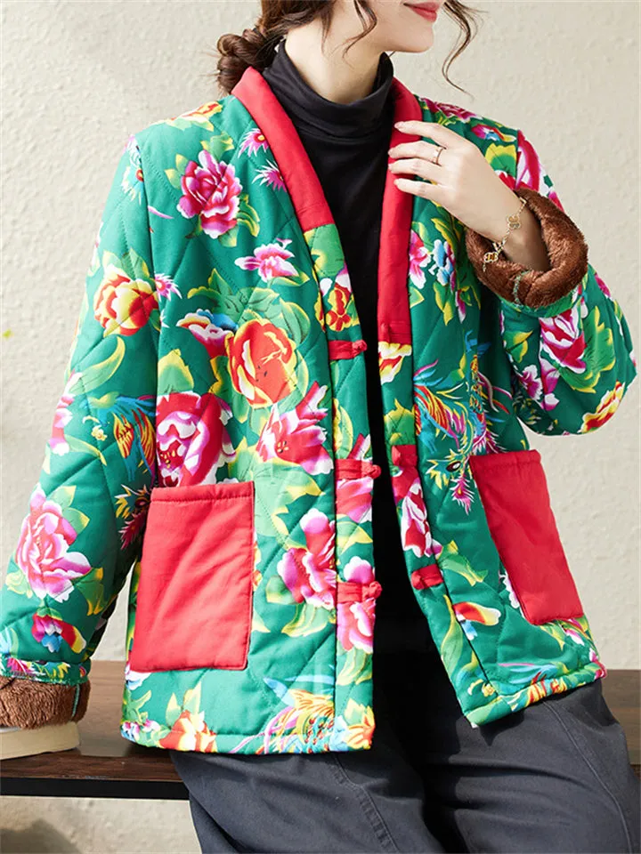 Country Style Red & Green Floral Print V-Neck Plush Liner Coat