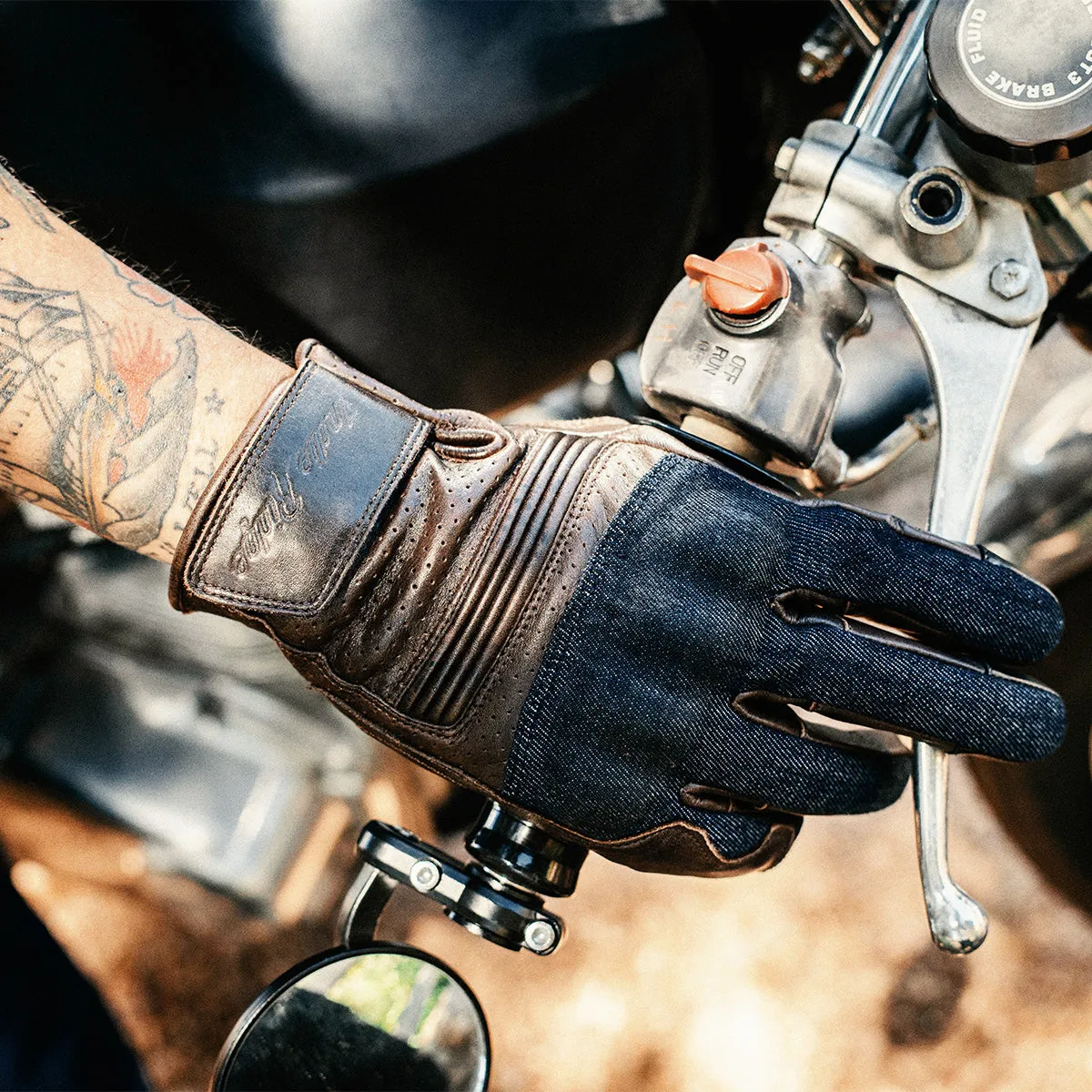 Denim On Brown Motorcycle Gloves