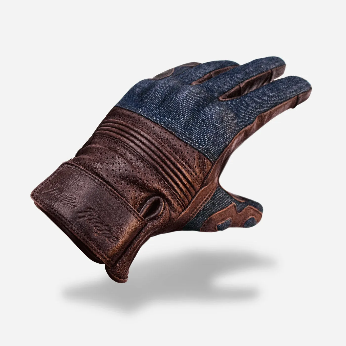 Denim On Brown Motorcycle Gloves