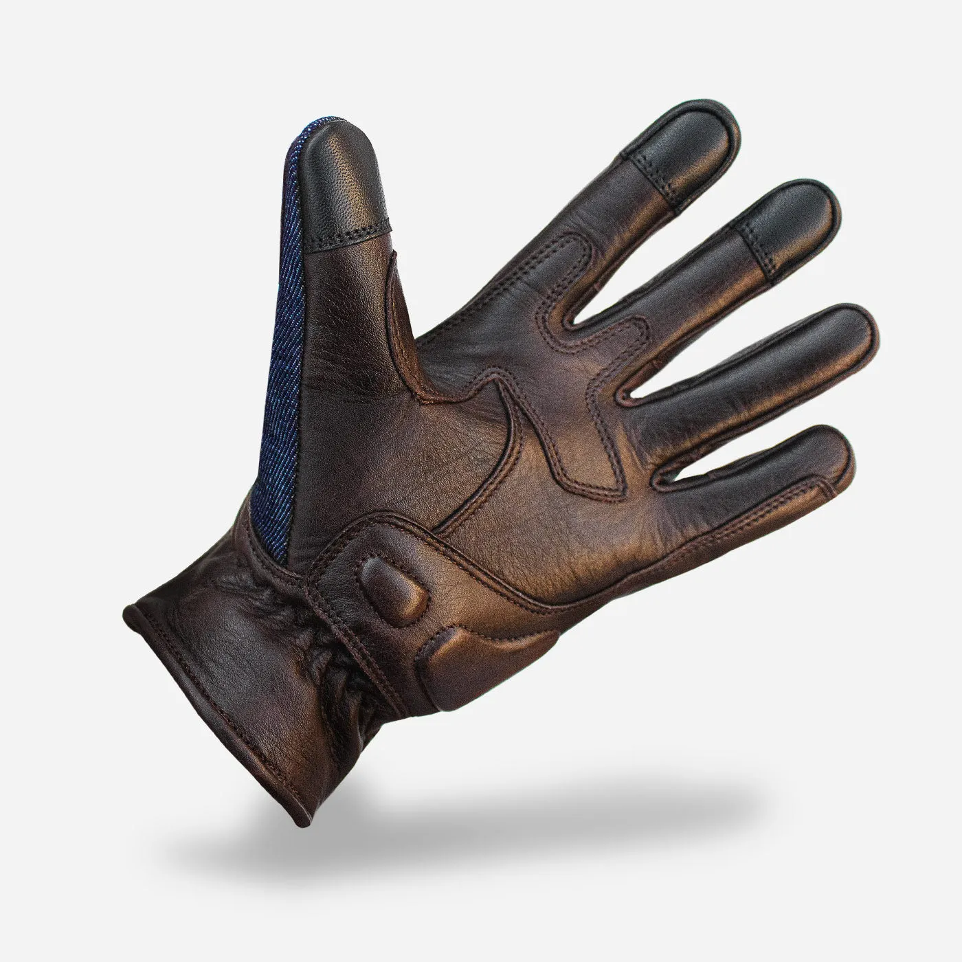 Denim On Brown Motorcycle Gloves