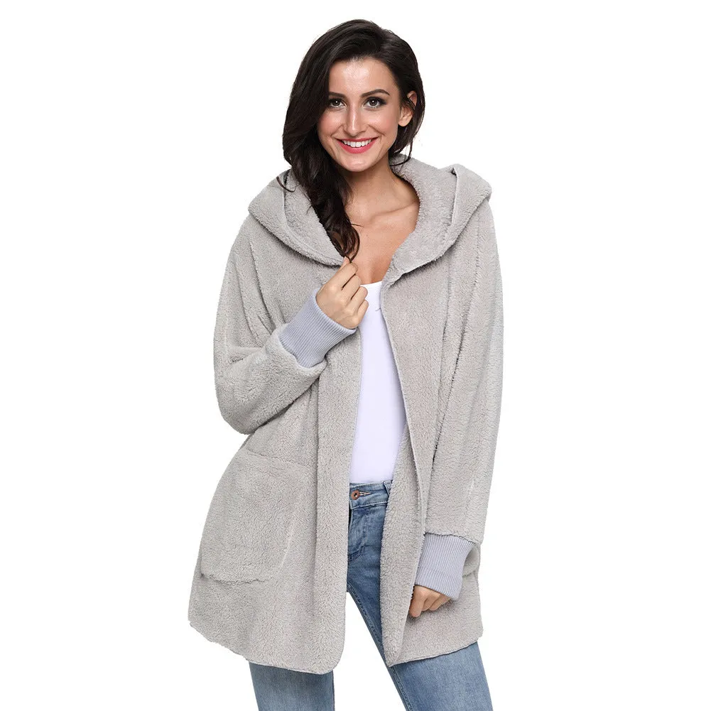 Fashion Hooded Long-sleeved Plush Cardigan Outwear