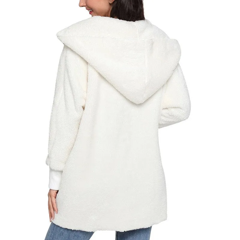 Fashion Hooded Long-sleeved Plush Cardigan Outwear