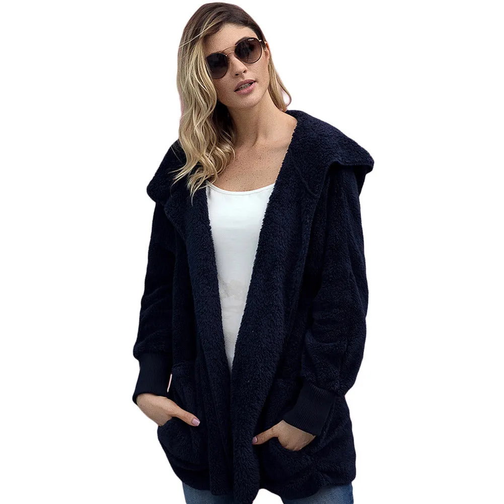 Fashion Hooded Long-sleeved Plush Cardigan Outwear