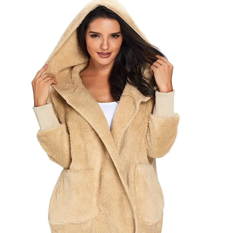 Fashion Hooded Long-sleeved Plush Cardigan Outwear