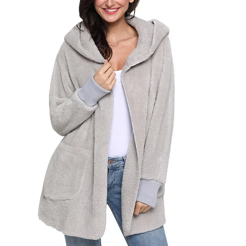 Fashion Hooded Long-sleeved Plush Cardigan Outwear