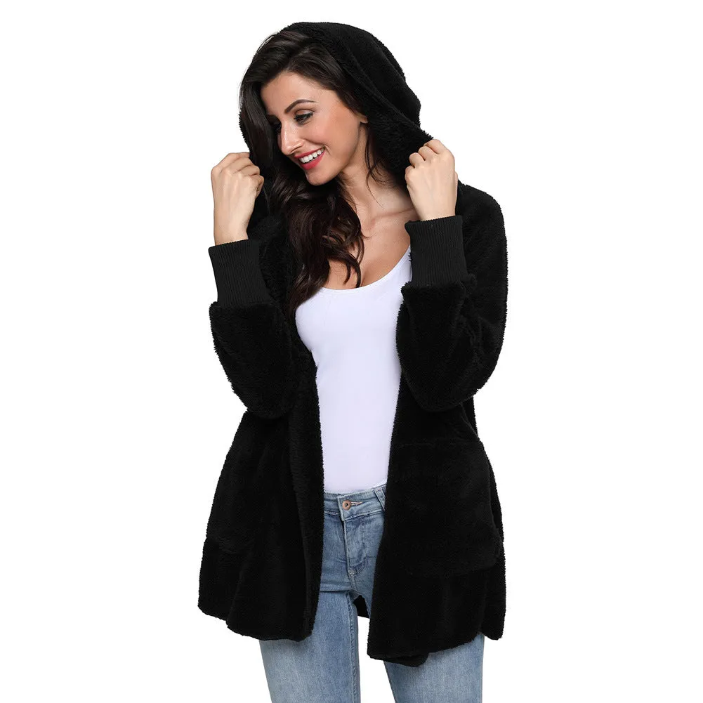 Fashion Hooded Long-sleeved Plush Cardigan Outwear