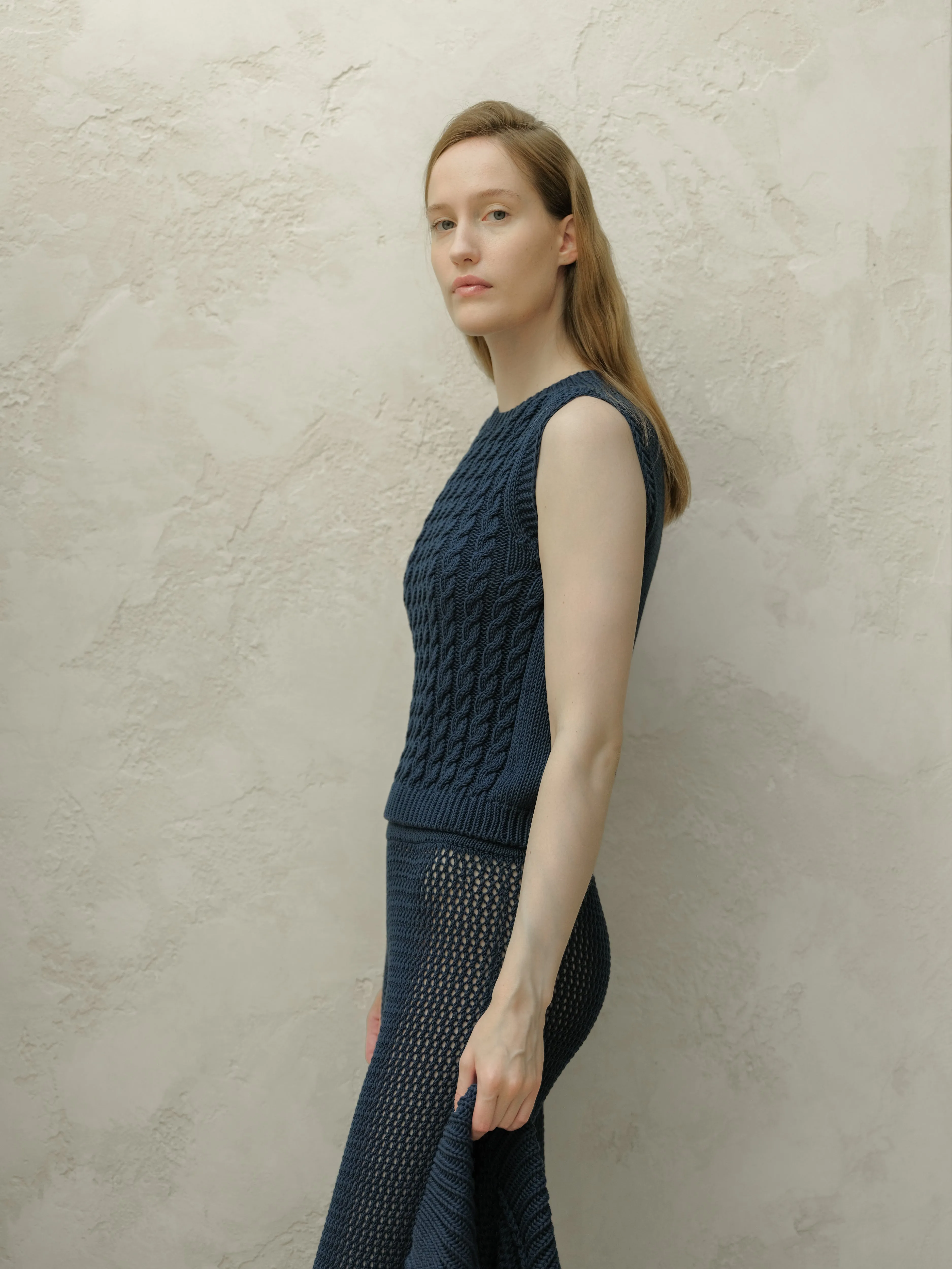 Fine Cotton Cable Tank Top (3D-Knit)