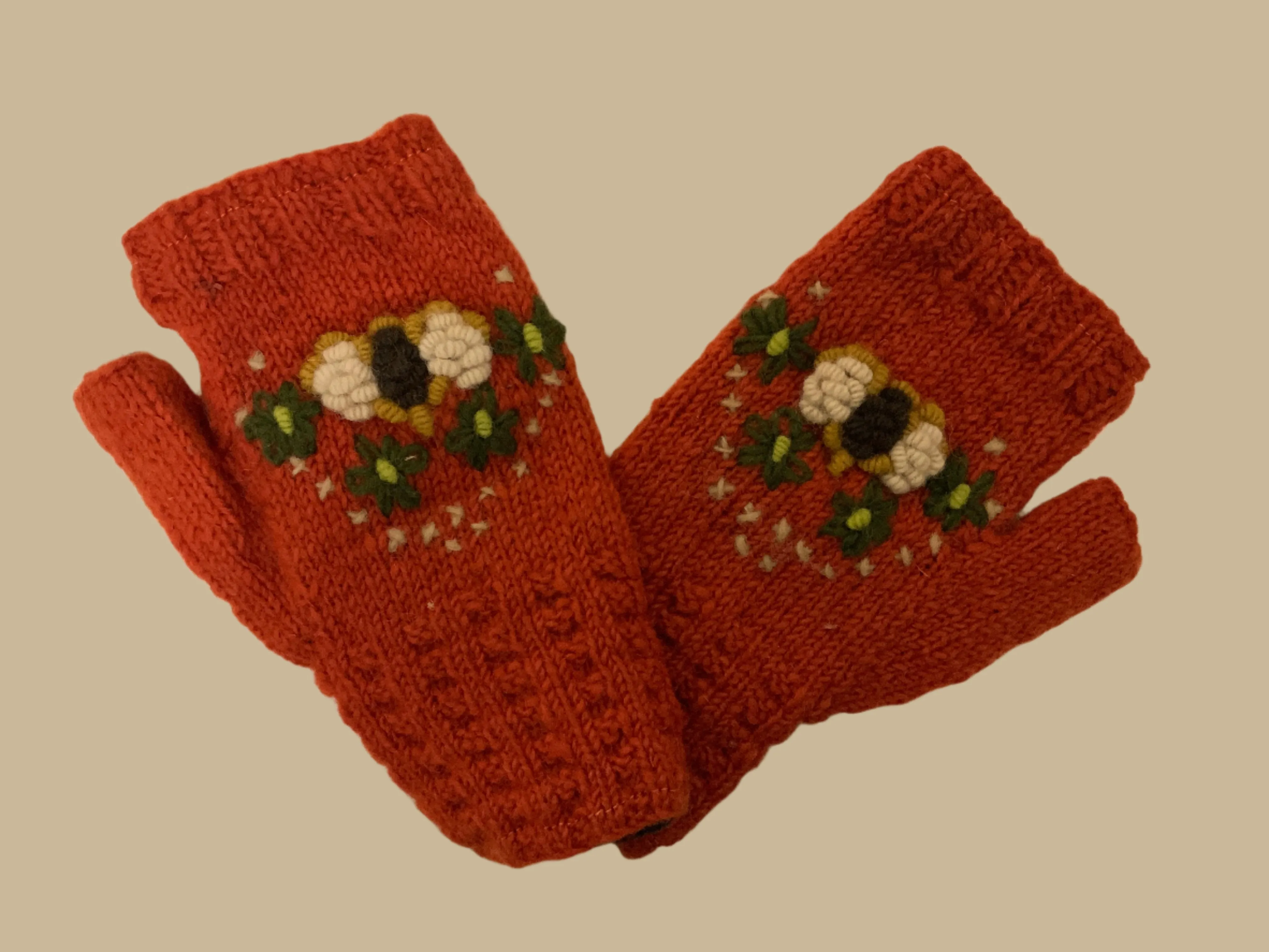 Fingerless Wool Lined Gloves with Emboidered Flowers by Yak N Yeti G-581