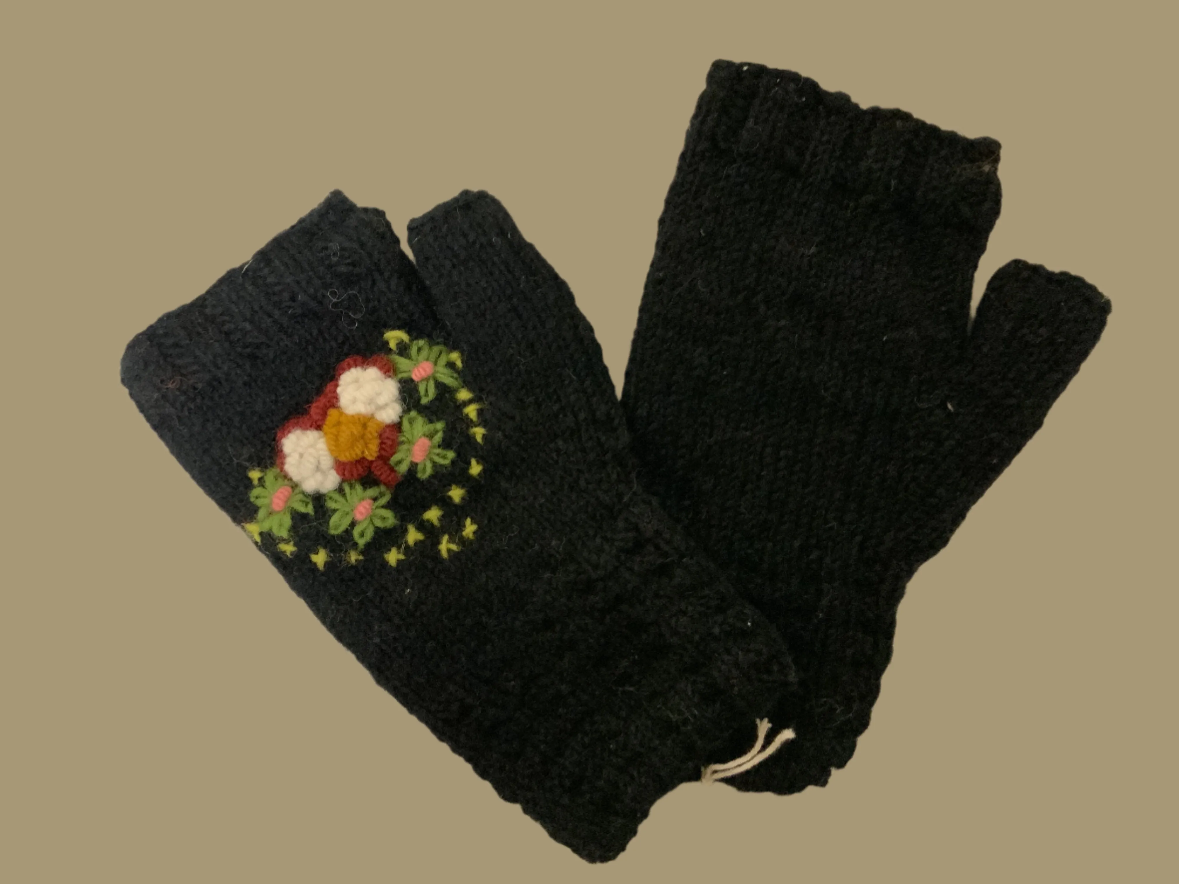 Fingerless Wool Lined Gloves with Emboidered Flowers by Yak N Yeti G-581