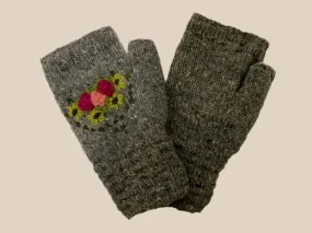 Fingerless Wool Lined Gloves with Emboidered Flowers by Yak N Yeti G-581