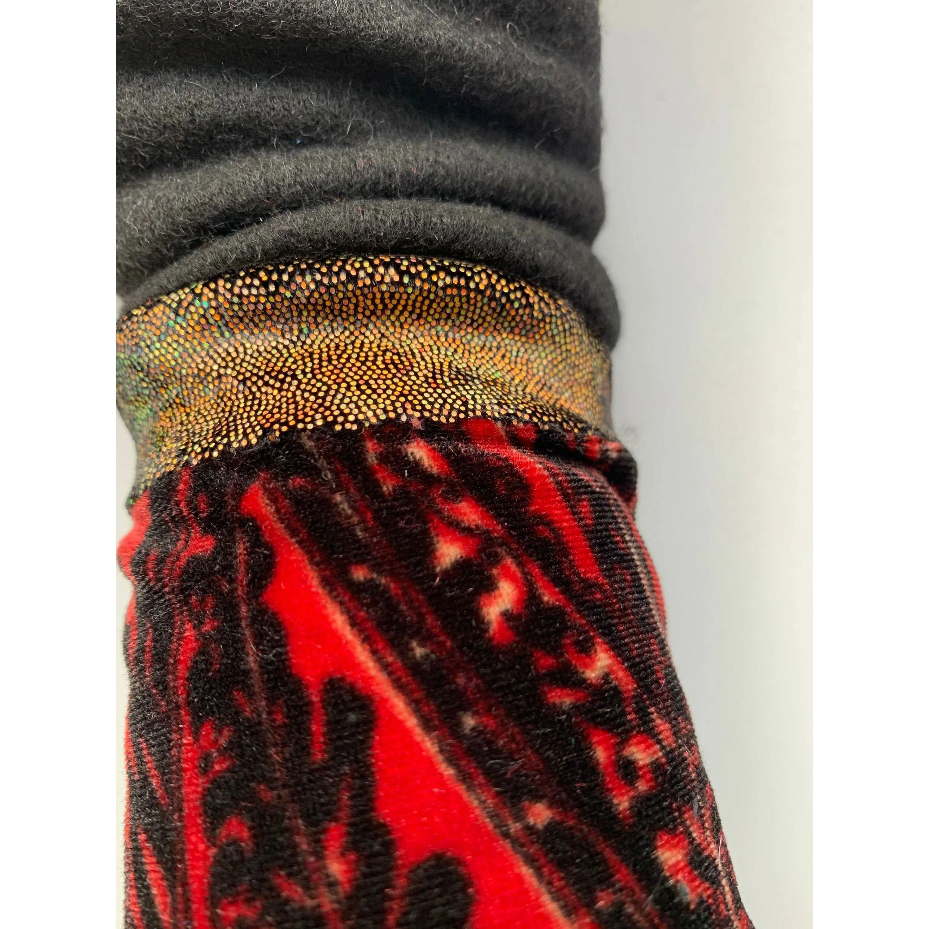 Fully lined black wool gloves in soft stretch velvet and shimmering gold. - Ew-La-La! Free shipping.