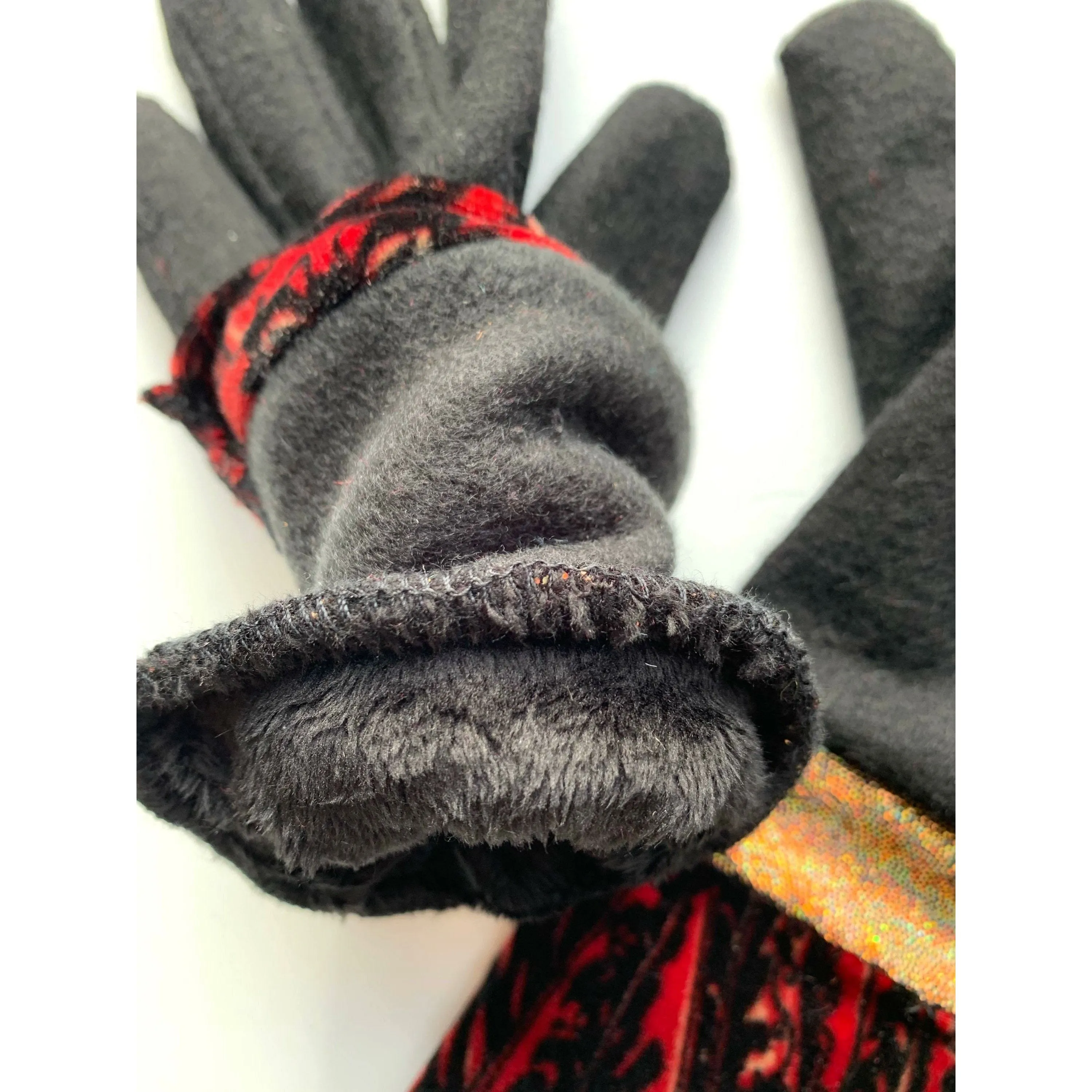 Fully lined black wool gloves in soft stretch velvet and shimmering gold. - Ew-La-La! Free shipping.