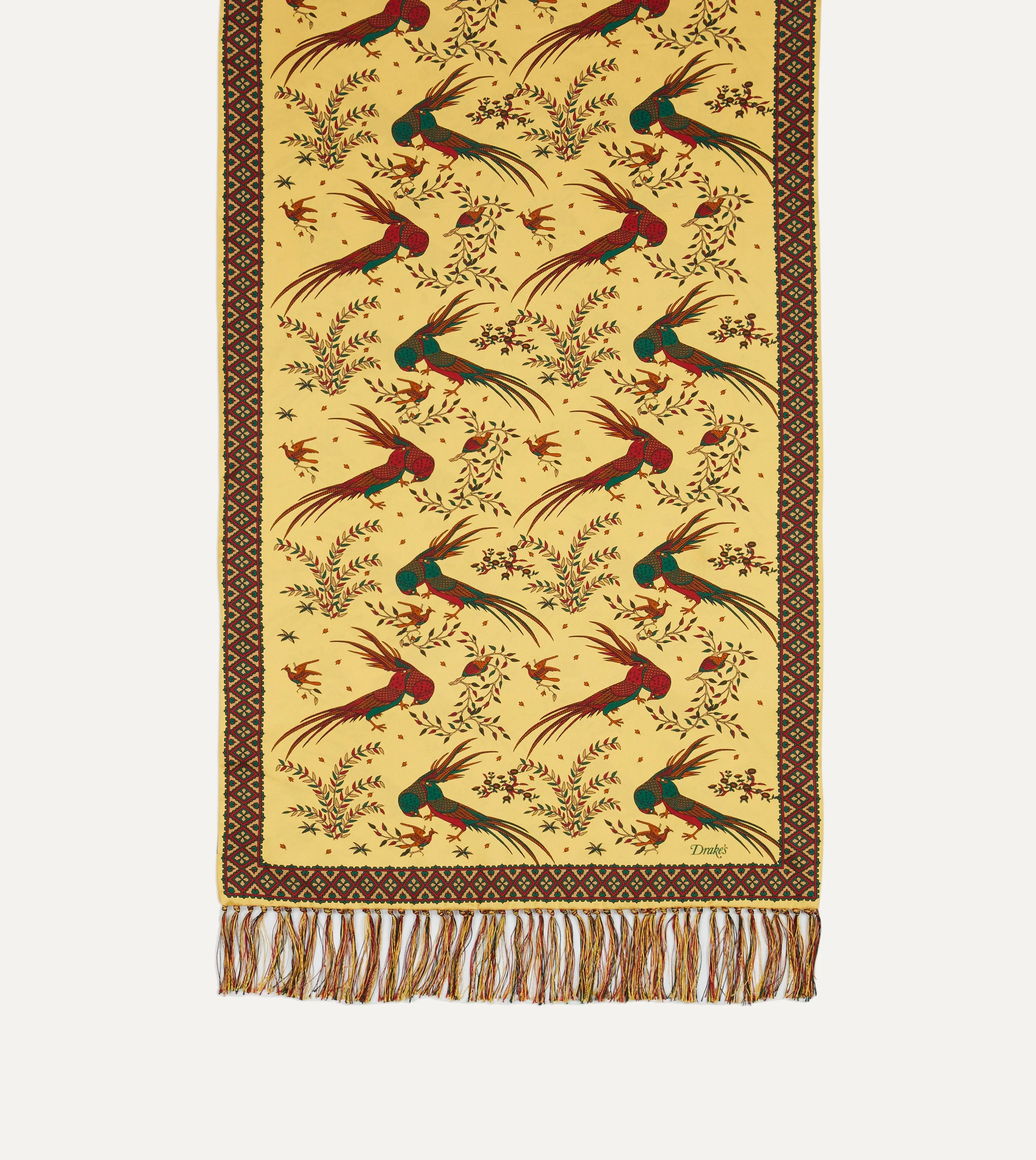 Gold Birds of Paradise Print Tubular Silk Tasselled Scarf