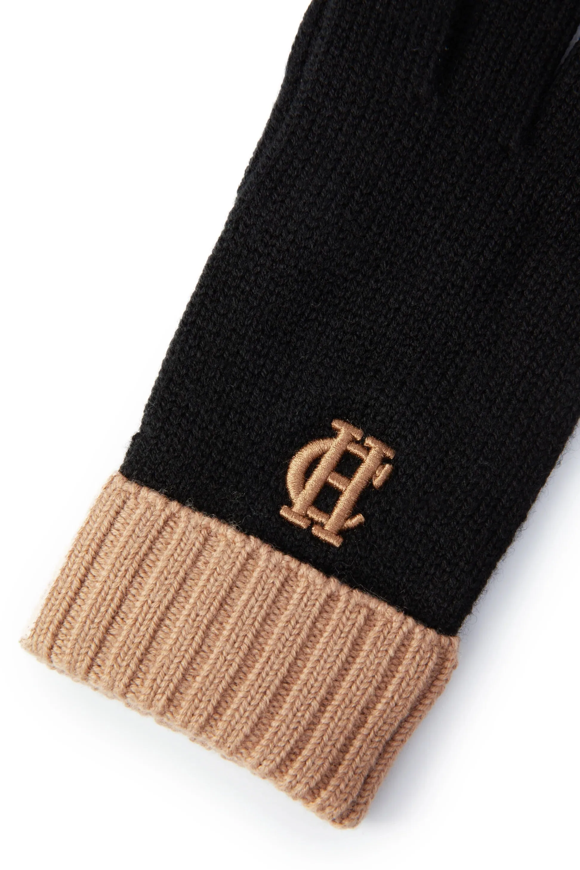 Holland Cooper Chelsea Logo Knitted Gloves in Tan Black