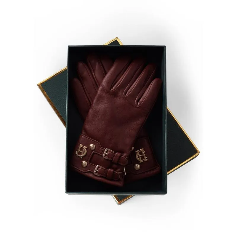 Holland Cooper Monogram Leather Ladies Wool Cashmere Lined Gloves - Chocolate