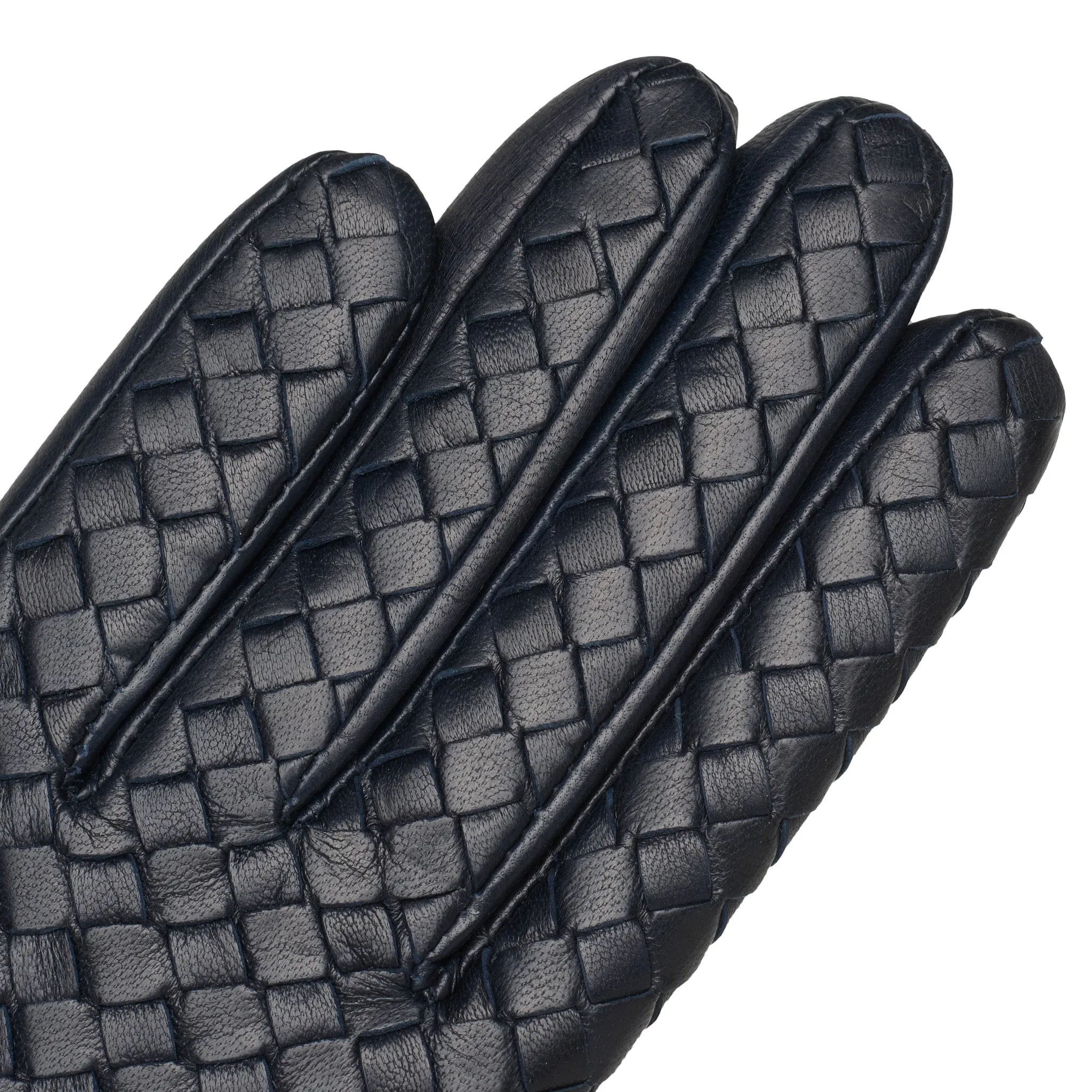 Intrecciato Navy Blue Leather Gloves