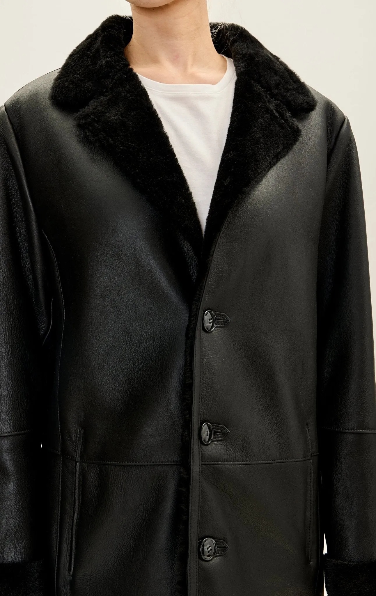 Lambskin Leather Shearling Lined Long Coat - Black