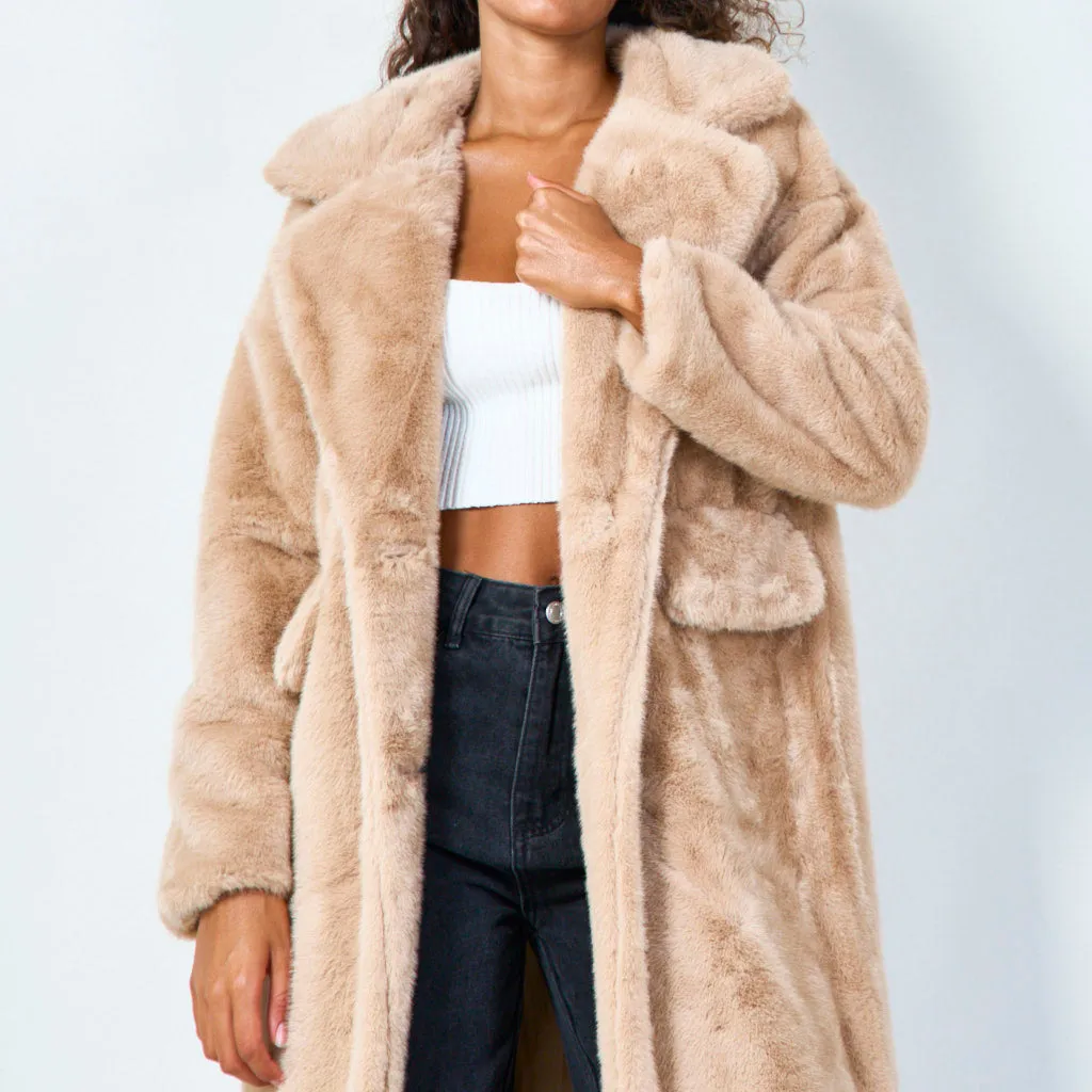 Long faux fur coat with wide lapels wholesale