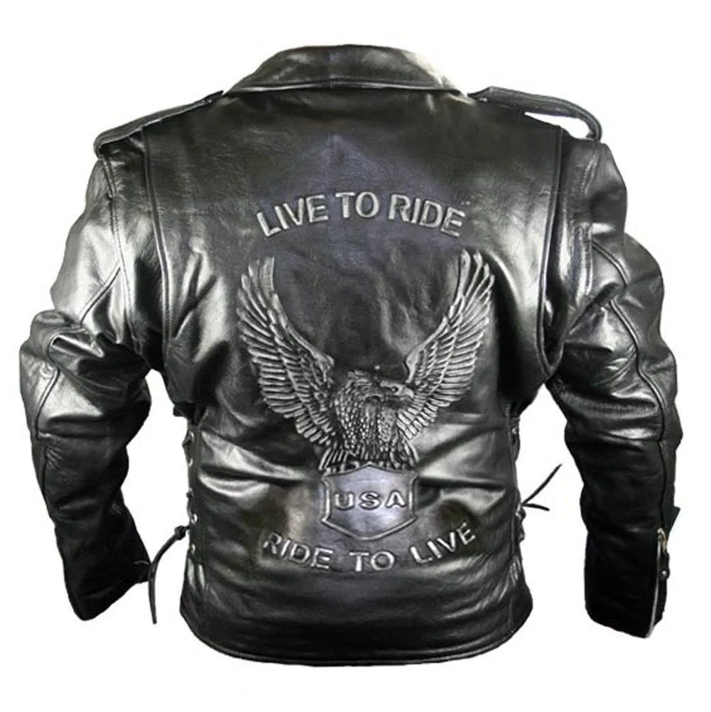 Men's Premium Leather Black Embossed Eagle Motorcycle Jacket