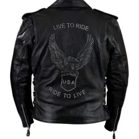 Men's Premium Leather Black Embossed Eagle Motorcycle Jacket