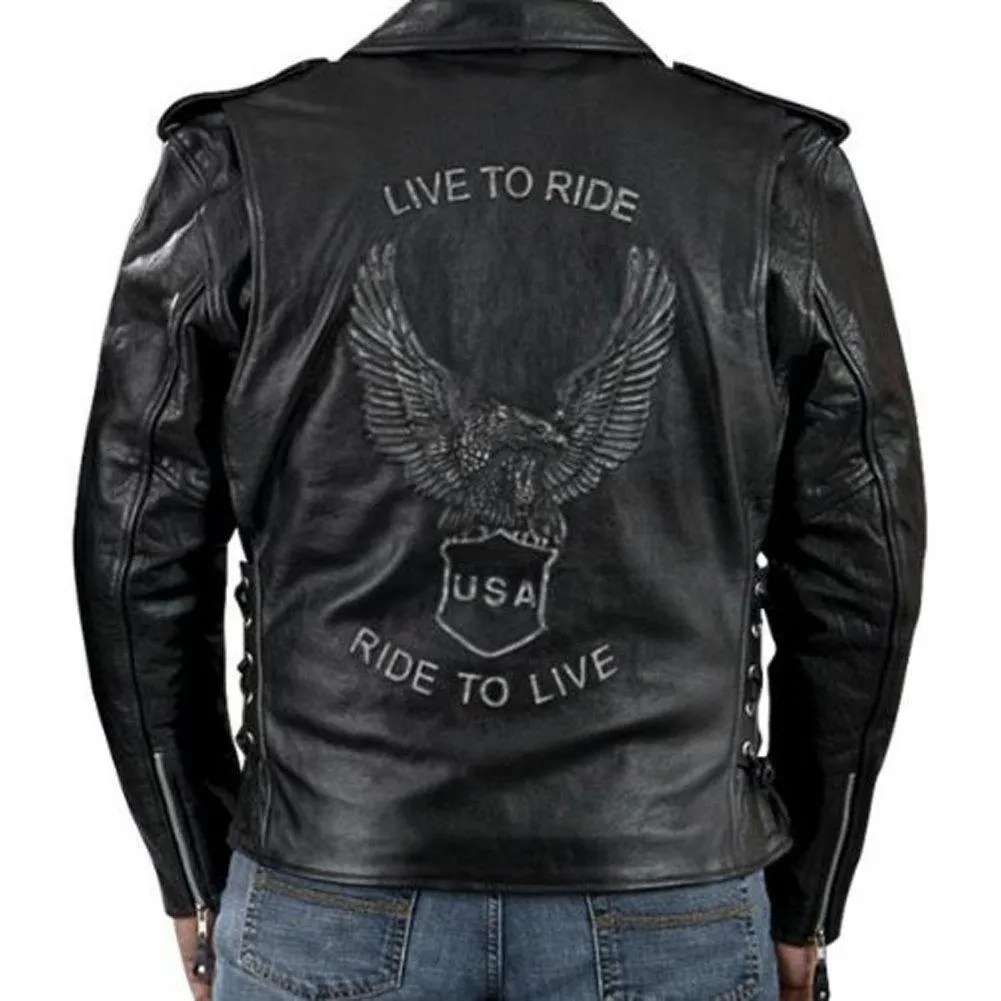 Men's Premium Leather Black Embossed Eagle Motorcycle Jacket