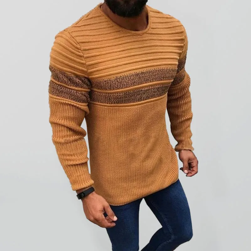 Men's Stripe Trim Cable Knit Crewneck Sweater