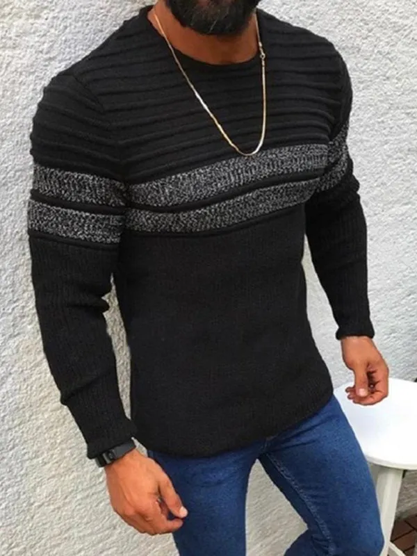 Men's Stripe Trim Cable Knit Crewneck Sweater