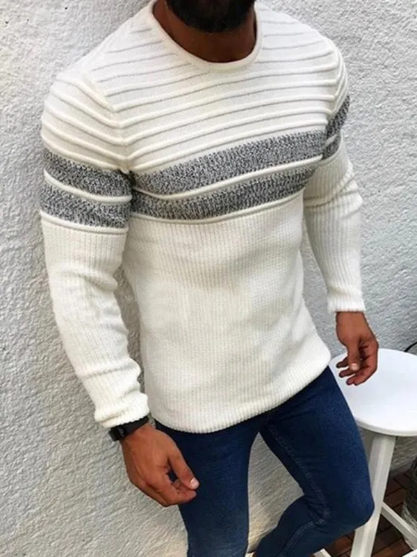 Men's Stripe Trim Cable Knit Crewneck Sweater