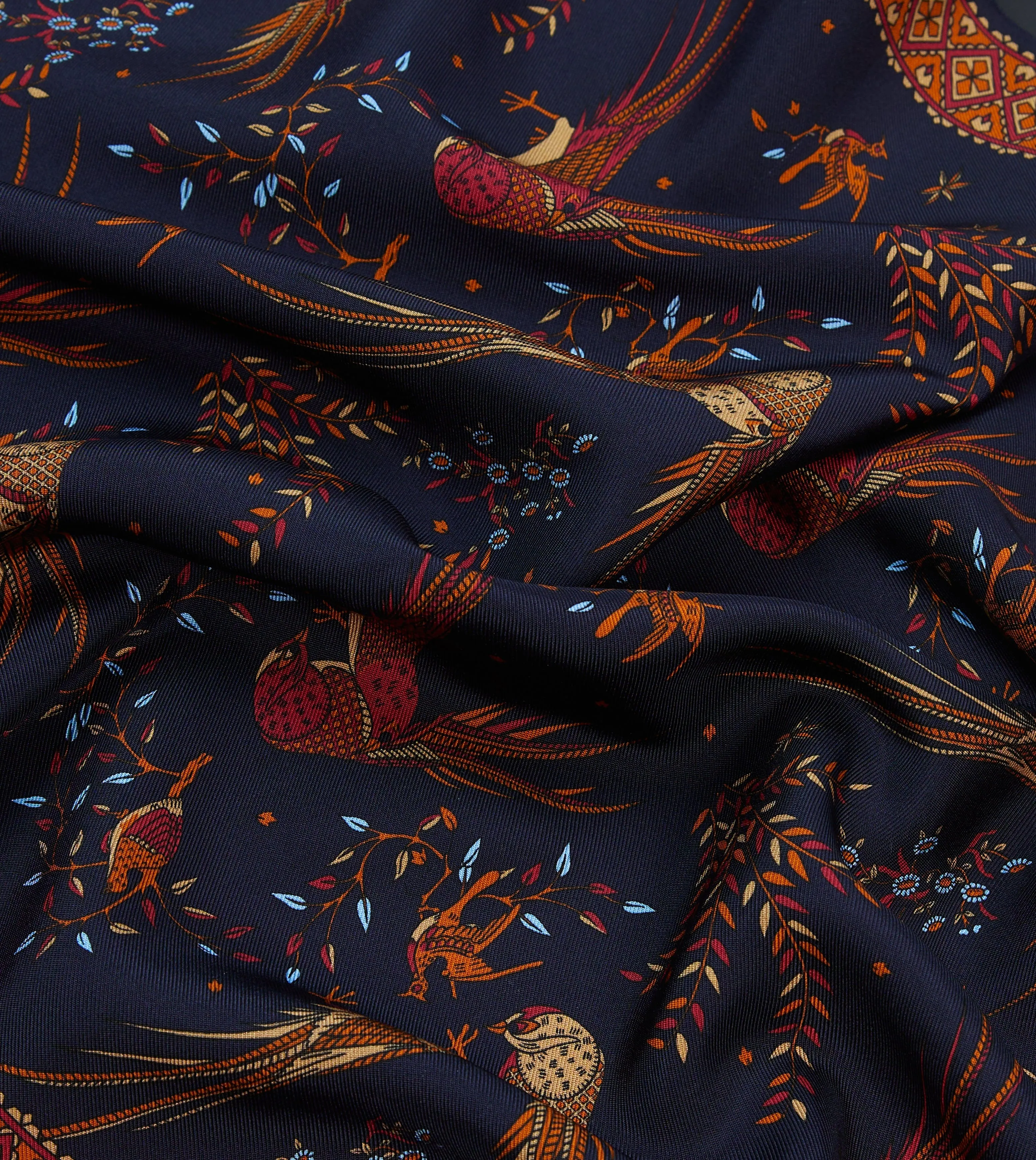 Navy Birds of Paradise Print Tubular Silk Tasselled Scarf